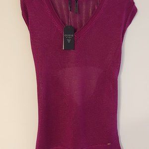 Guess Sleeveless V Neck Pointelle Drape Back Raspberry Sweater